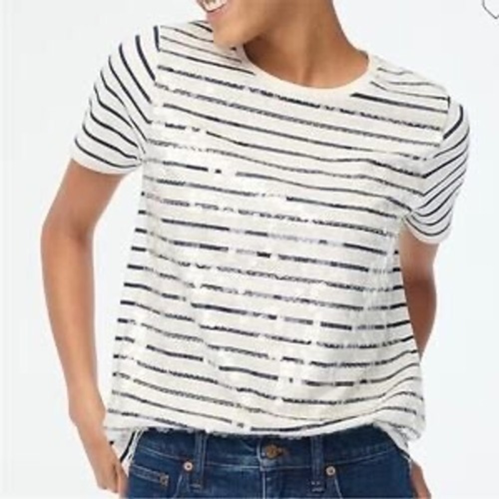 J.Crew Womens XL Sequin Striped Short Sleeve T-Shirt Navy White Cotton Top